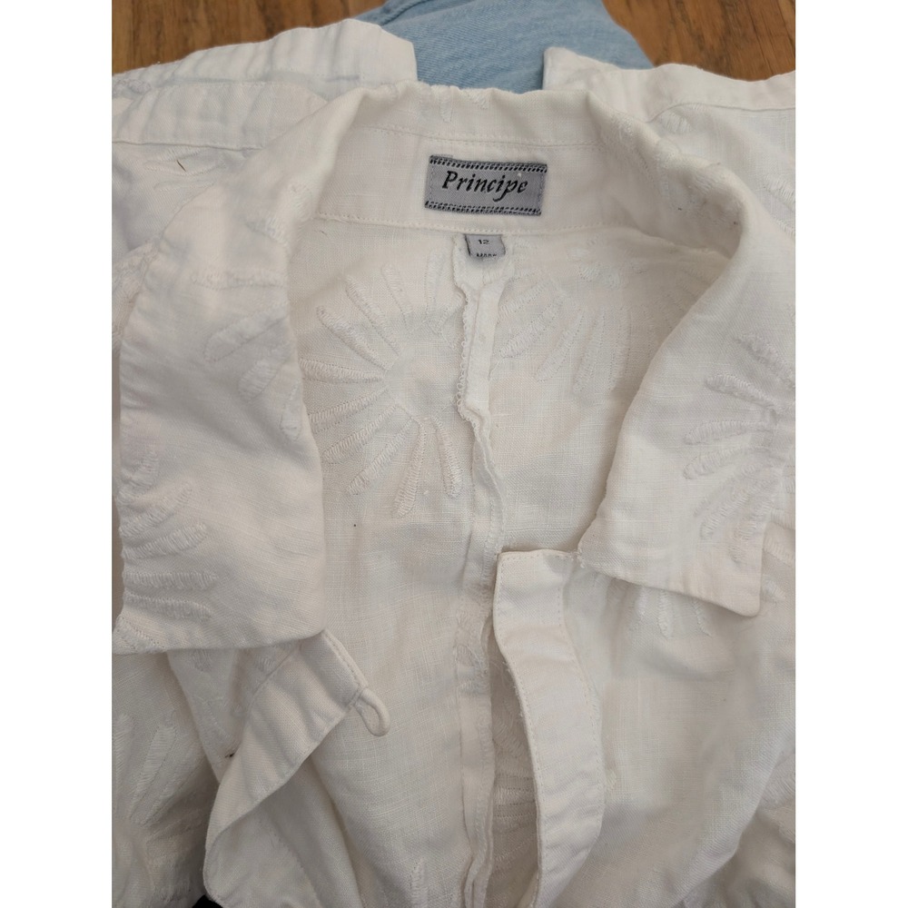 Italy Linen Embroidered Shirt Vintage 12 White Sunburst Boho Coastal Minimalist